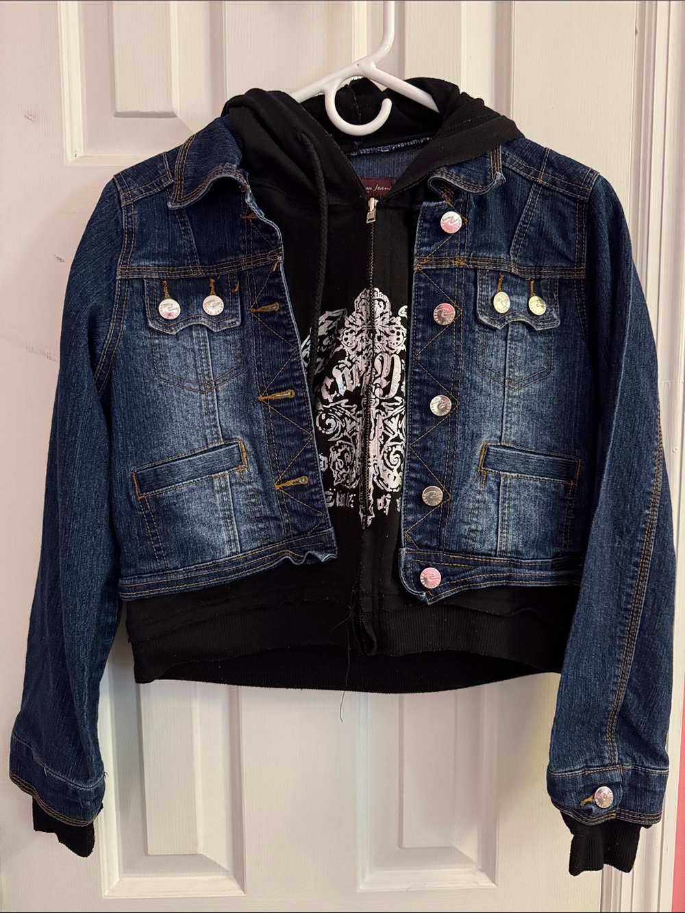 Cropped Denim Jacket with Black Hoodie Layer